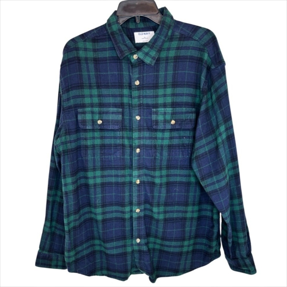 Old Navy Flannel Shirt Men XL Green Blue Black Watch Plaid Tartan Double Brushed - Picture 2 of 7